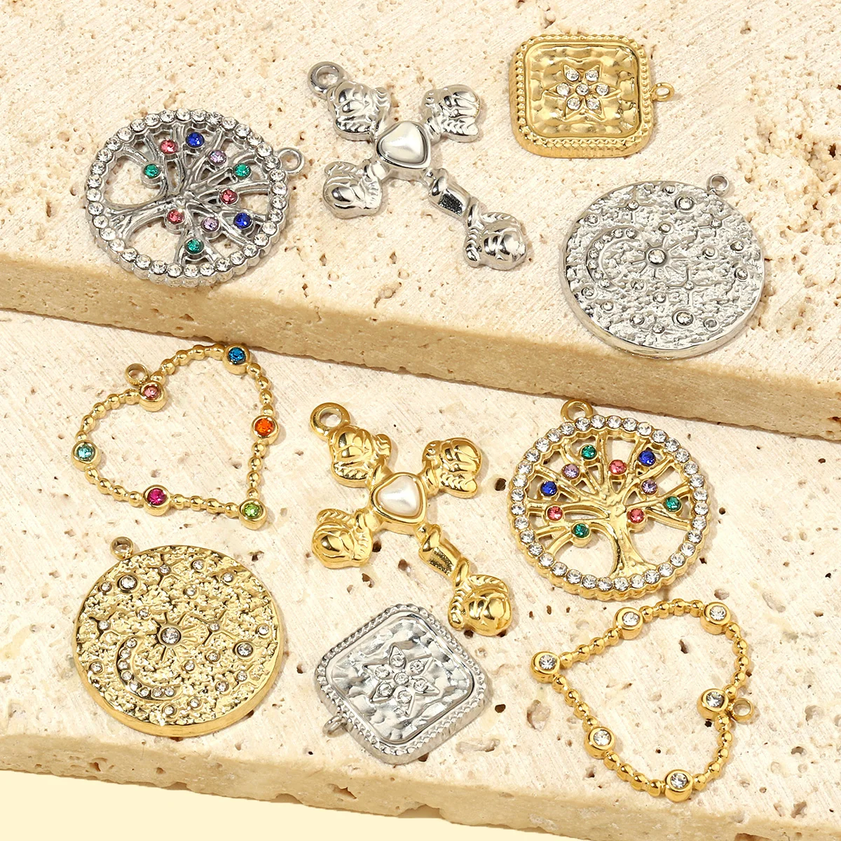 3pcs/Lot French Moon Star Stainless Steel Diy Charms Women Tree Of Life Earring Necklace Pendant Cross Heart Jewelry