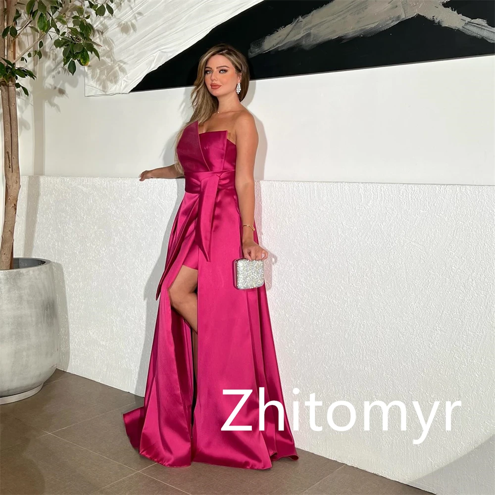 Personalizado elegante simples sem alças a linha vestidos de cocktail saias varredura/escova cetim noite vestidos de noite de luxo para mulher 2