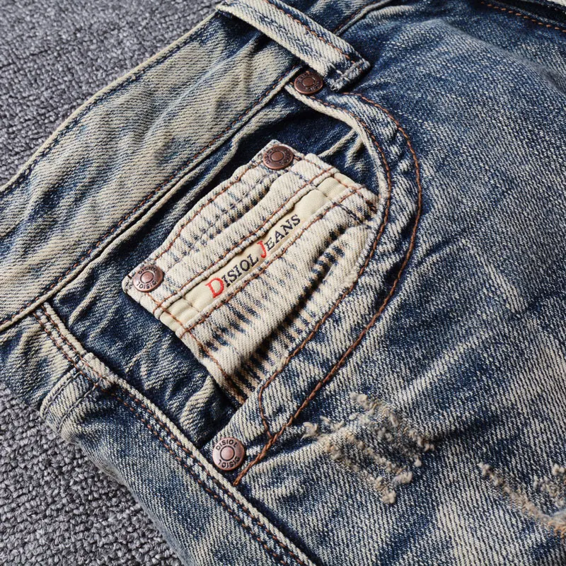 Fashion Designer Men Jeans Retro Washed Blue Stretch Slim Fit Ripped Jeans Men Embroidery Patched Vintage Denim Pants Hombre