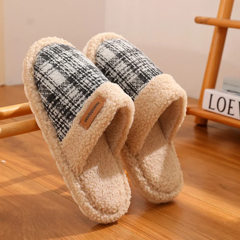 Women Warm Winter House Slippers Men Casual Home Outdoor Plaid Striped Shoes Couple Cozy Anti-slip Indoor Floor Footwear