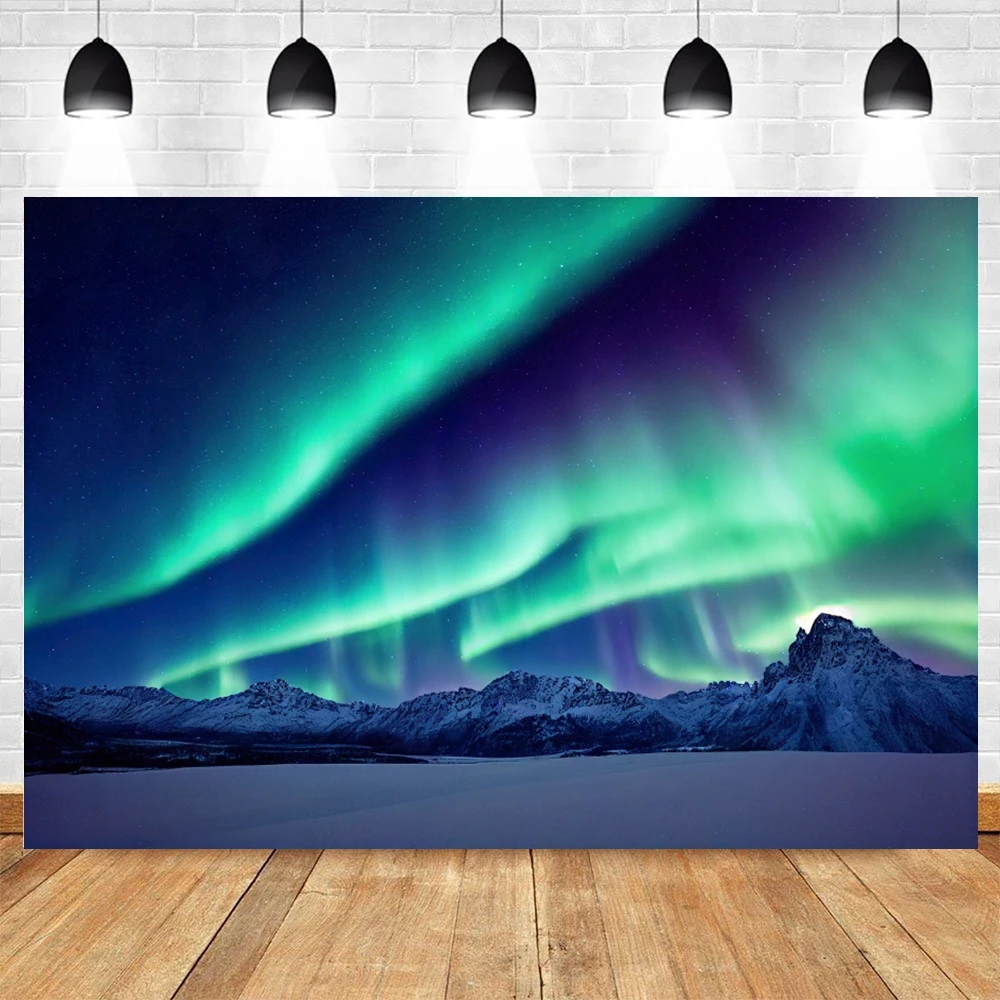 Aurora Borealis Backdrop Arctic Snow Capped Mountains Lake Starry Sky Scenery Northern Lights Winter Landscape Photo Background