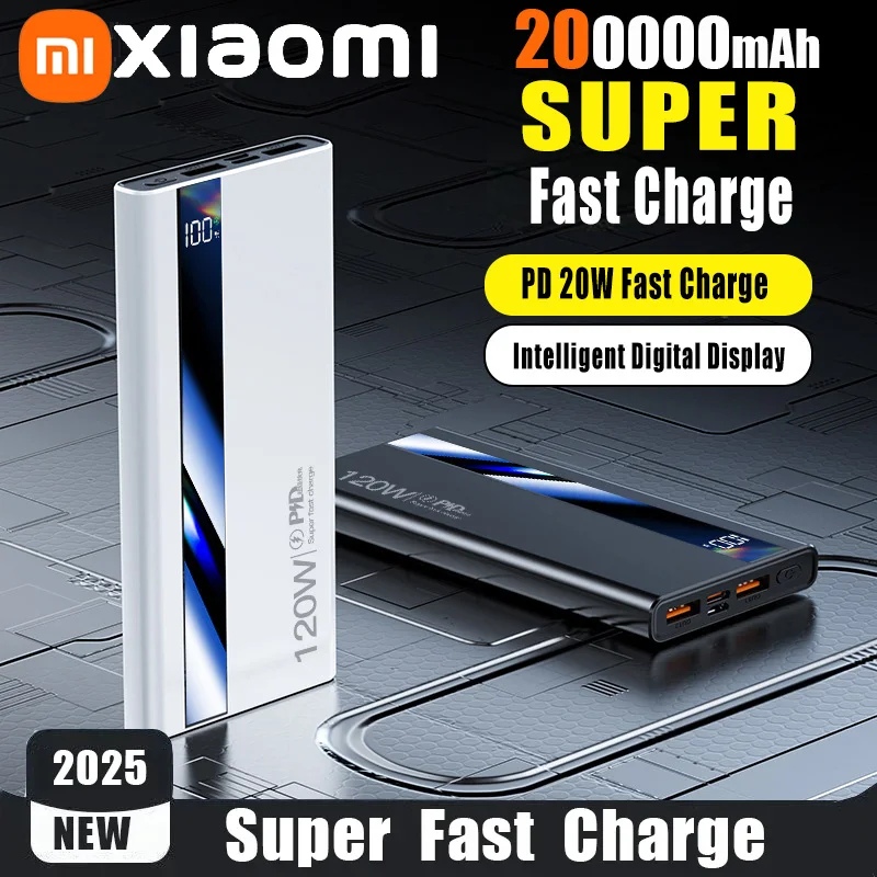 

200000mAh High Capacity Power Bank 120W Super Fast Charging Battery Digital Display Power Bank For Iphone Samsung Xiaomi