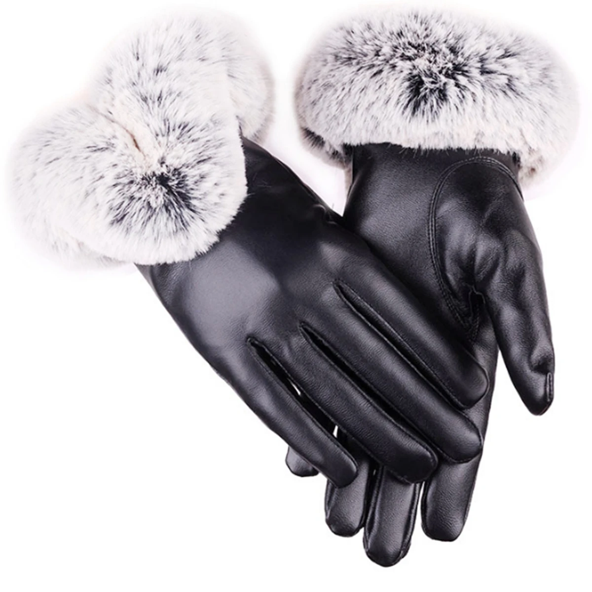 Autumn and Winter Women's Warm Gloves Pu Leather Cold-Proof Fleece-Lined Thickeneded Fur Mouth Outdoor Cycling and Cold Touch Screen Gloves