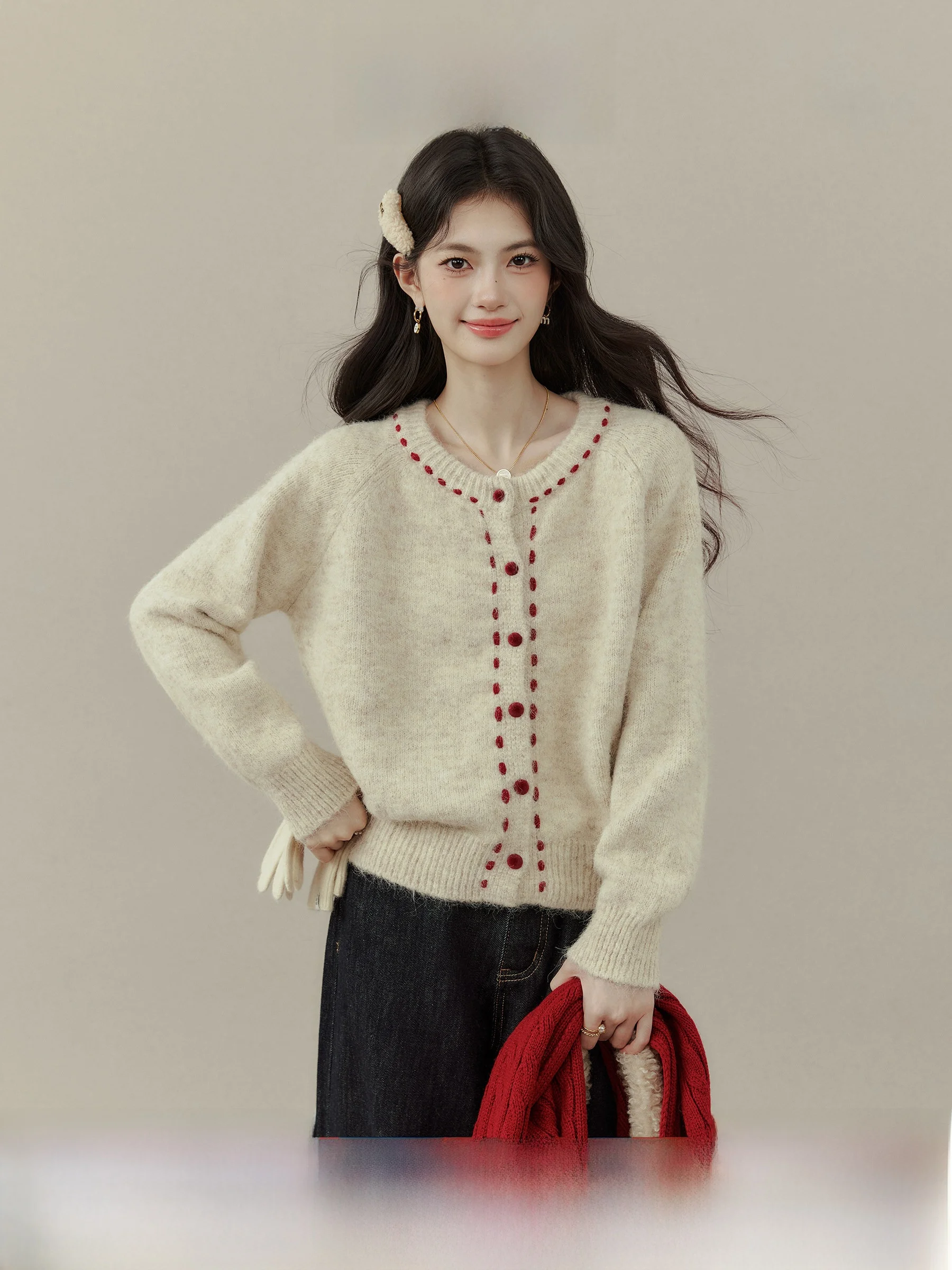 

Retro Color Blo round Ne Open Cardigan Sweater Women's Loose Inner Wear Top Sweet Oxygen Melody by Wang Ou Xixi