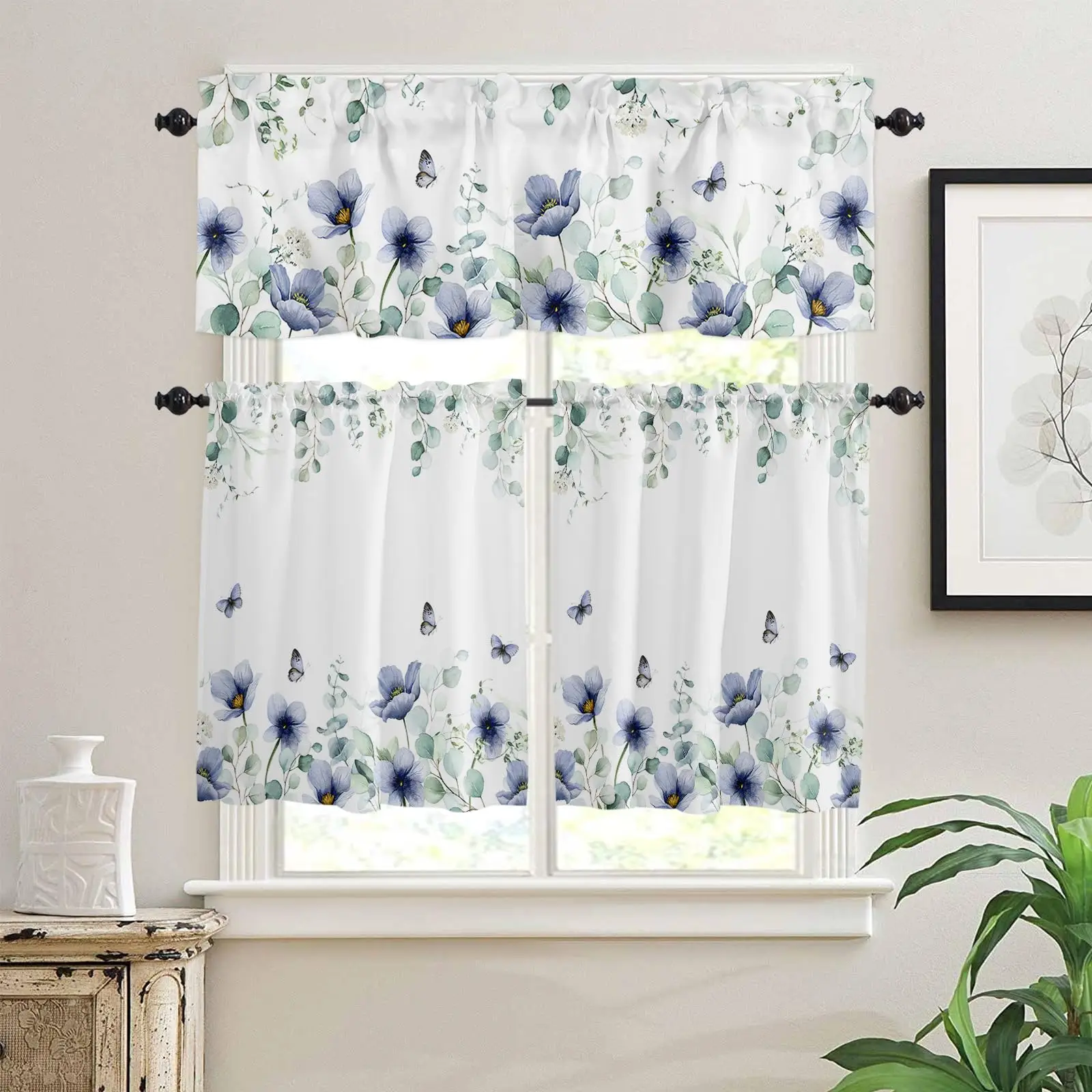 3pcs Kitchen Curtain Valance and Tiers Set, Small Window Treatment Valance Curtain Insulated Curtains for Kitchen Bathroom