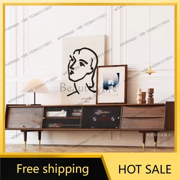 Factory Direct Sales Black Walnut Solid Wood TV Cabinet Japanese Medieval Laser Projector Audio Visual Cabinet
