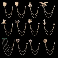 Korean Crystal Crown Brooch Star Tassel Chain Rhinestone Lapel Pins Men's Shirt Suit Collar Wedding Party Badge Accessories