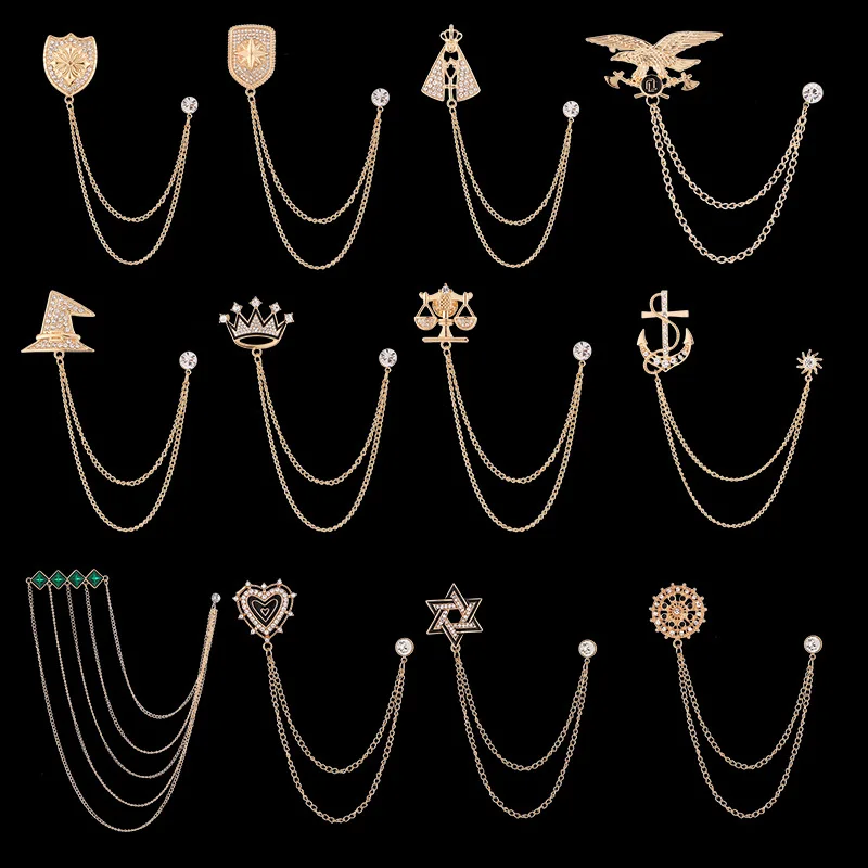Korean Crystal Crown Brooch Star Tassel Chain Rhinestone Lapel Pins Men's Shirt Suit Collar Wedding Party Badge Accessories