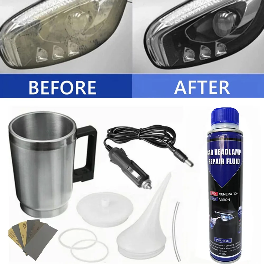 ชุดอุปกรณ์ขัดไฟหน้ารถยนต์ น้ำยาซ่อมไฟหน้า โพลีเมอร์ขัดเงา ถ้วยทำความร้อนไฟฟ้า เครื่องมือฟื้นฟูไฟหน้ารถยนต์