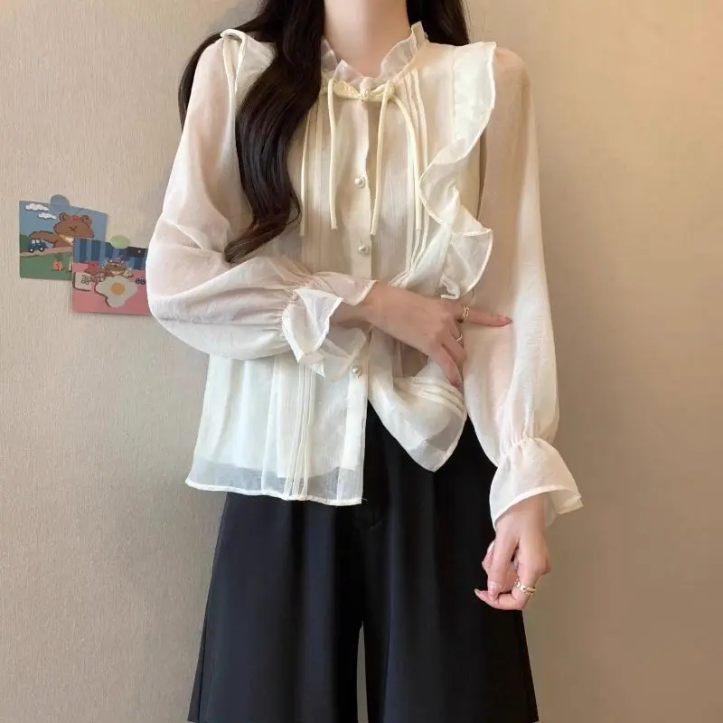 2024 New Summer Chinese Style High Waist Sweet Loose Women's Shirt Polyester Ruffled Flare Sleeve Solid Folds Button Chic Tops