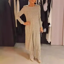 Autumn o neck polka dot print set for women fashion slit long top + wide leg pants 2-piece suit casual office ladies clothes