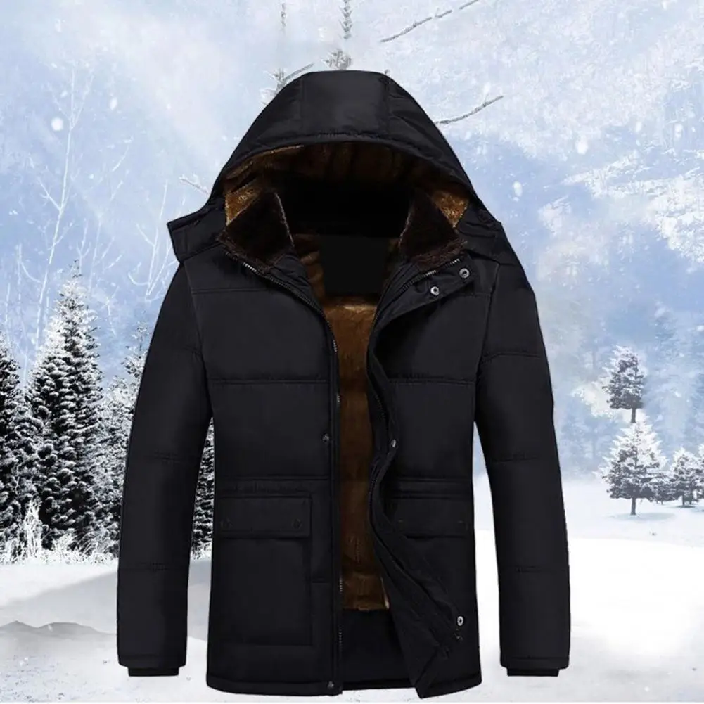 Men Cotton Coat Stand Collar Hooded Long Sleeve Zipper Buttons Placket Jacket Coat Thickened Plush Lining Mid-Length Jacket