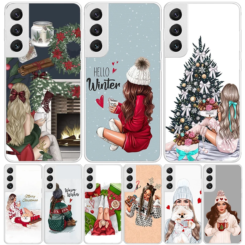 Christmas Art Girls Coffee Phone Case For Samsung Galaxy S24 S23 S22 S21 FE S20 Ultra S10 Plus S10E S9 S8 + Art Customized Coque