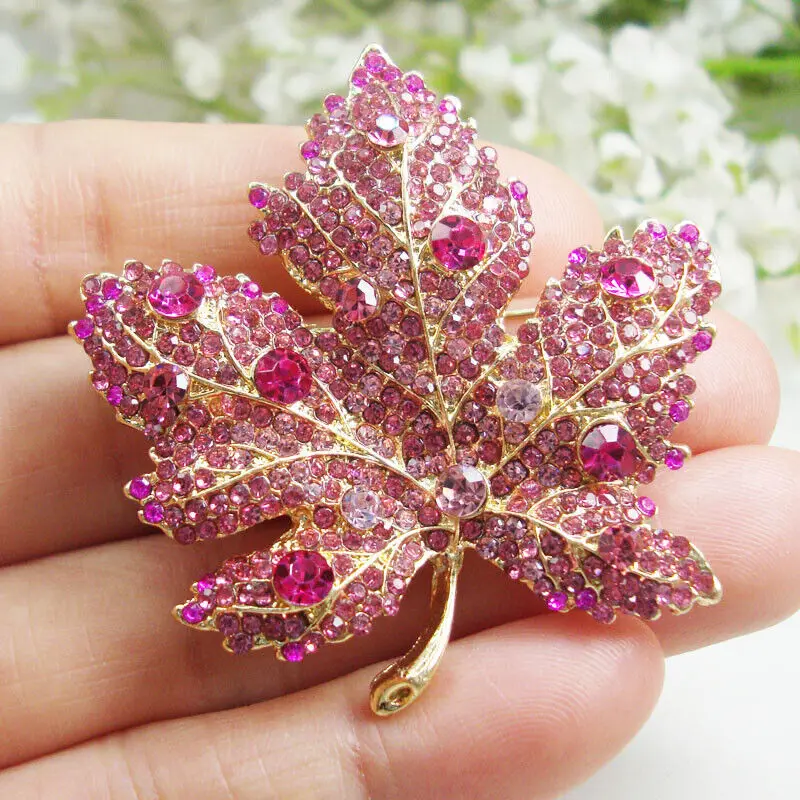 

Fashion Pink Maple Leaf Rhinestone Crystal Woman's Brooch Pin Pendant