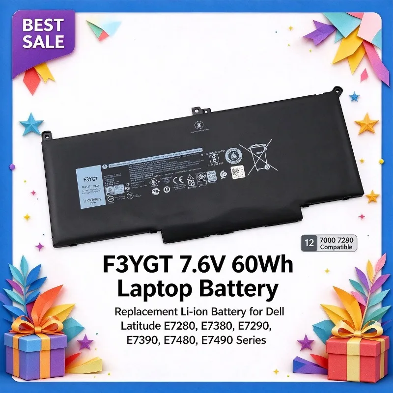 F3YGT 7.6V 60Wh Replacement Laptop Li-ion Battery for Dell Latitude E7280 E7380 E7290 E7390 E7480 E7490 Series 12 7000 7280