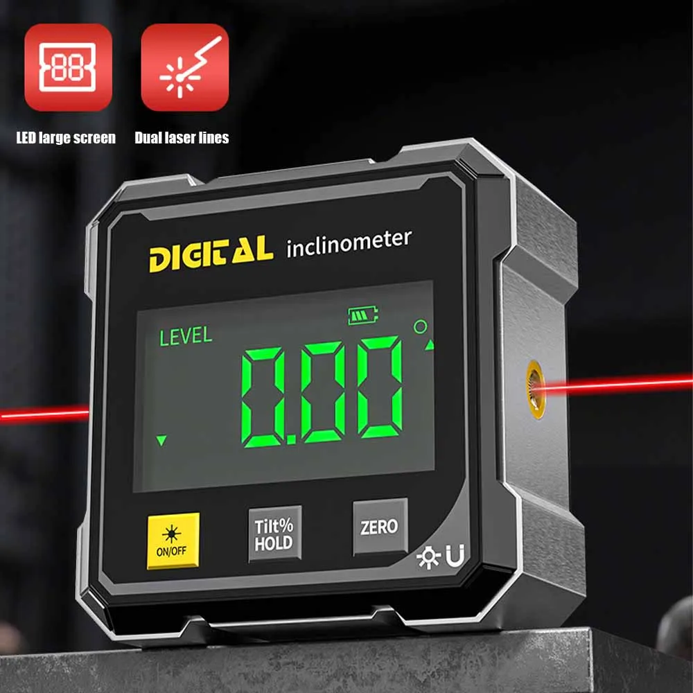 

Woodworking Tools 4-sided Magnetic Dual Laser Inclinometer Digital Angle Measuring Instrument with Tilt Measurement Laser Level