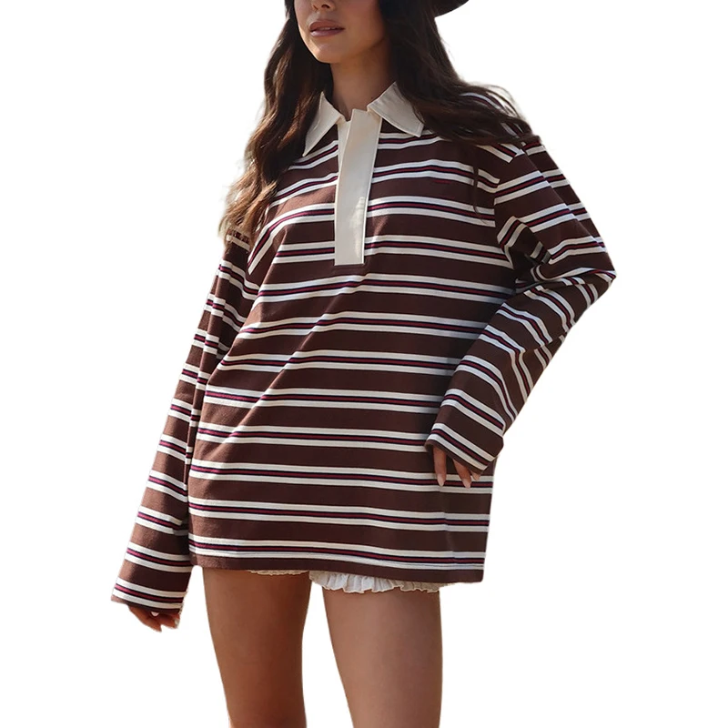 

Korean Y2K Long Sleeve Striped T-Shirts Women Spring Autumn Trend Contrast Color Pullovers Tees Lapel Casual Bottoming Shirts