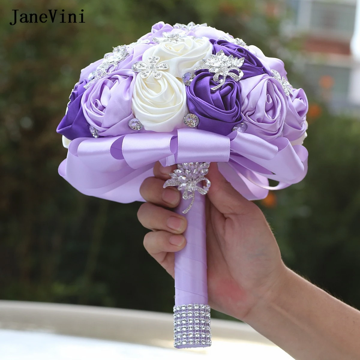 JaneVini 2023 Customized Light Purple Ivory Brooch Bouquet Ribbon Flowers Rhinestone Jewelry Bridal Bouquets Wedding Accessories