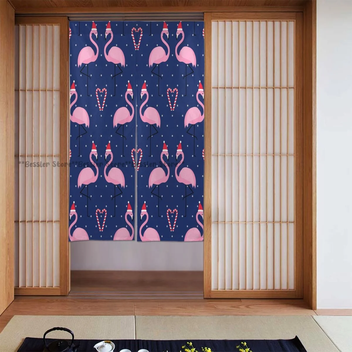 Door Curtains Flamingo In Xmas Hat With Candy Cane Heart On Blue Polka Dots Room Partitions Home Deocration