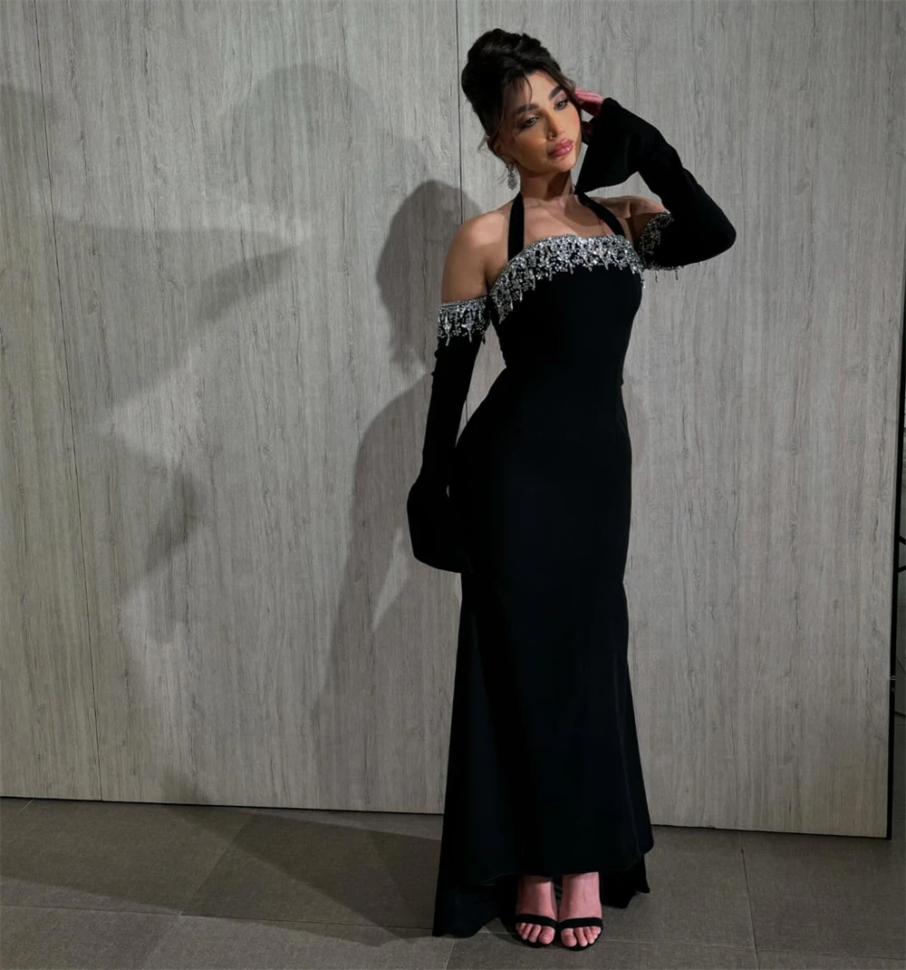 

Элегантное черное бархатное вечернее платье по индивидуальному заказу, классические платья знаменитостей без рукавов с лямкой на шее, вечерние коктейльные платья с кристаллами русалки