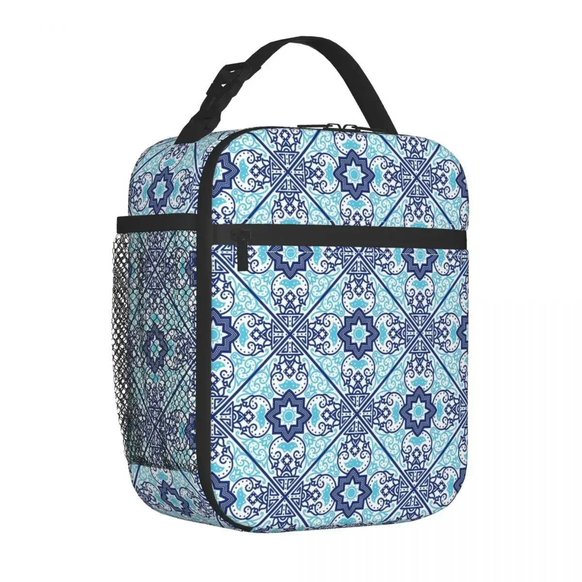 

Retro Ethnic Lunch Bag Blue Tribal Print Cute Lunch Box For Women Travel Portable Cooler Bag Oxford Custom Thermal Lunch Bags