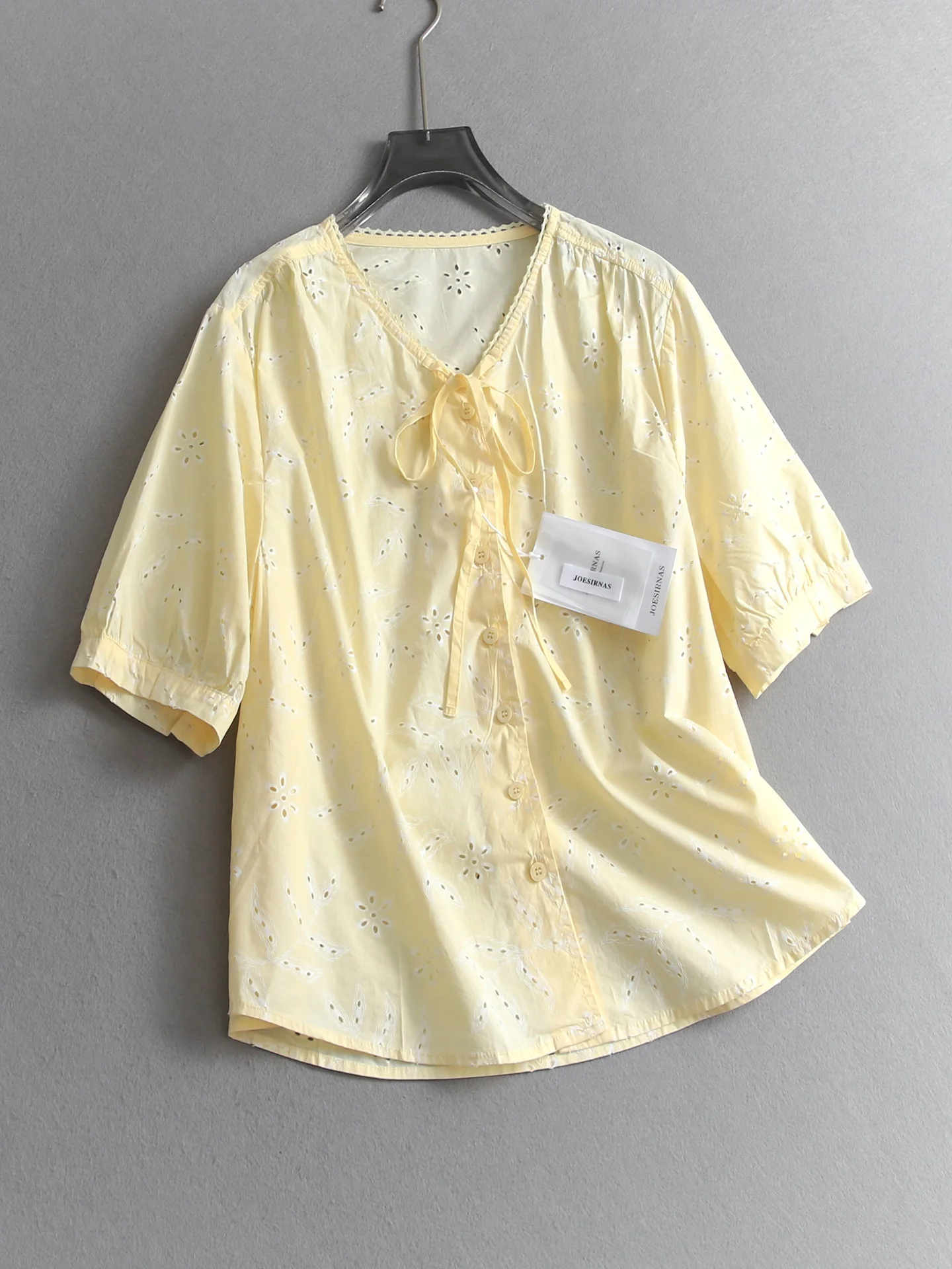 

Casual Style Embroidered Knot Lace Collar Hollow out Loose Fit Slimming Short Sleeve Women's Shirt Cotton V-neck