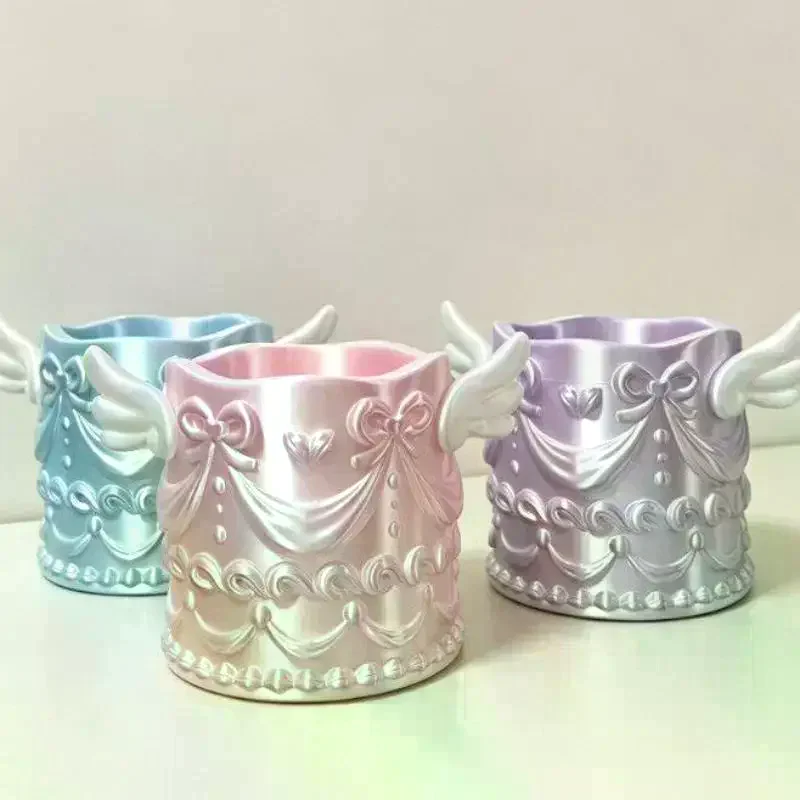 Silk Texture Girl Luxury Cosmetic Organizer Bucket Angel Wings Relief Makeup Brush Holder Desktop Pen Cup Gift For Women 1Pcs