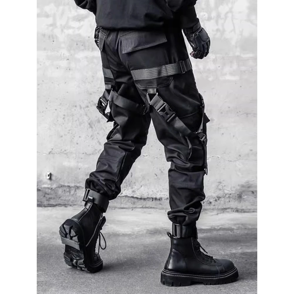 Hip Hop Tactical Pants Men Ribbons Joggers Cargo Trousers 2025 Spring Functional Elastic Waist Fahsion Streetwear Pant Black