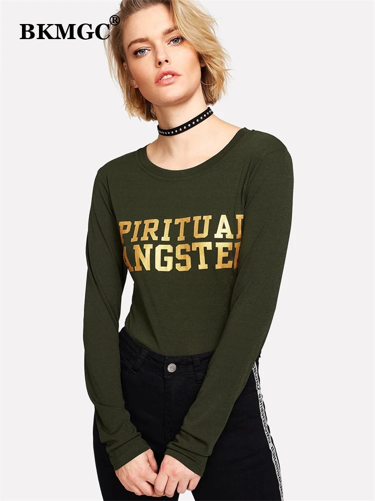 BKMGC Solid Deep Green O Neck Sleeves Sim Fit T Shirt For Women Autumn Yellow Letter Words Print Top Casual Streewear Clothing