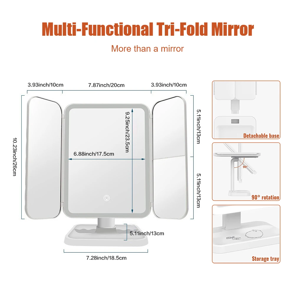 Lighted Makeup Mirror with 2X/3X/10X Magnification Rechargeable Trifold Vanity Mirror with 3 Color Lights Ideal Gifts for Women