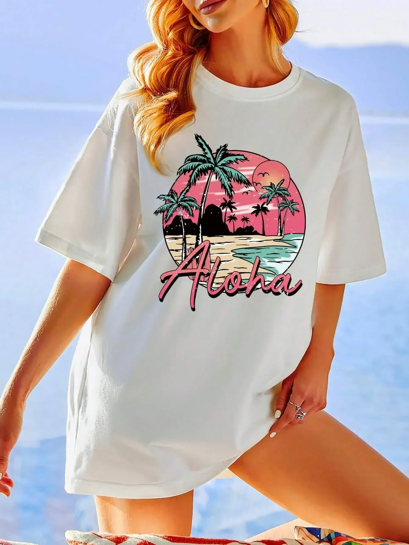 Y2k Short Sleeves Summer Loose T-shirt Aloha Hawaii Beach Sunset Scenery Tops Cool Oversized Breathable Tee Shirtcasual Cotton