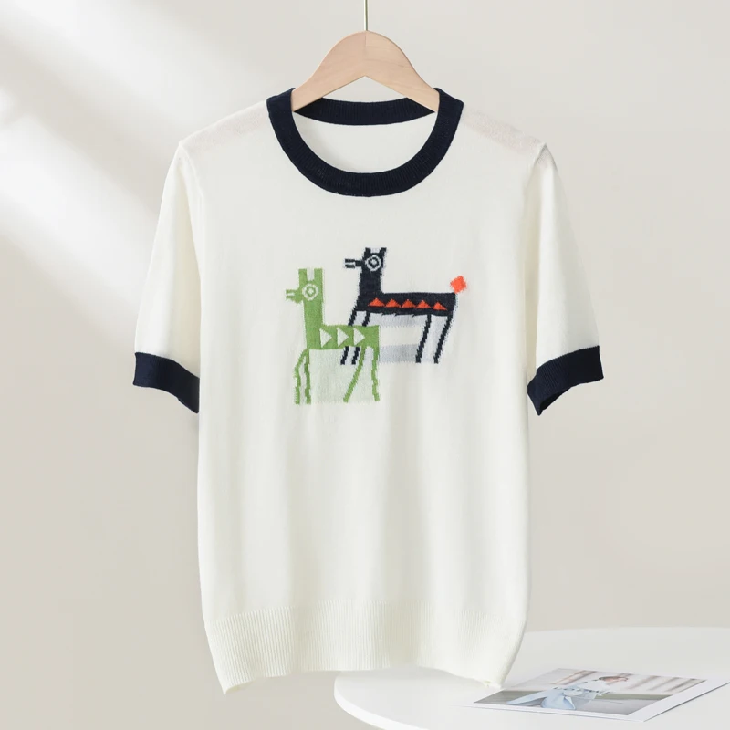 Summer New 100% Wool Deer Embroidery Short-Sleeve Casual Thin Color-Blocked Knitted Women'S T-Shirt Versatile Base Shirt