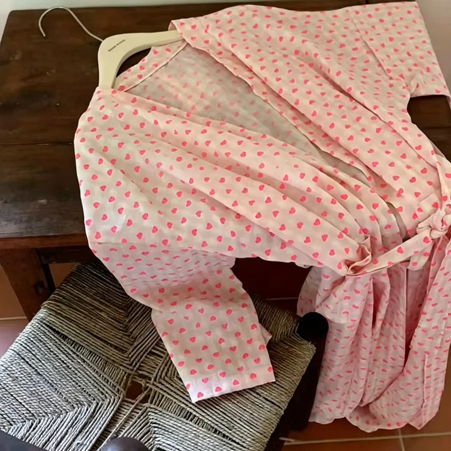 Sweet Pajama Robe for Women, Spring and Autumn, Heart Plaid, V-Neck, Tie-Waist, Casual Mid-Length Homewear, Sleep Robe, Nightgow