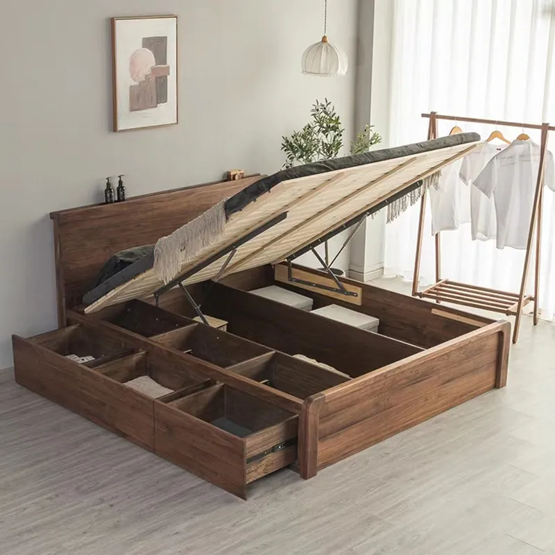 North American black walnut single side drawer bed Nordic high box storage air pressure 1.8m all solid wood double floor bed