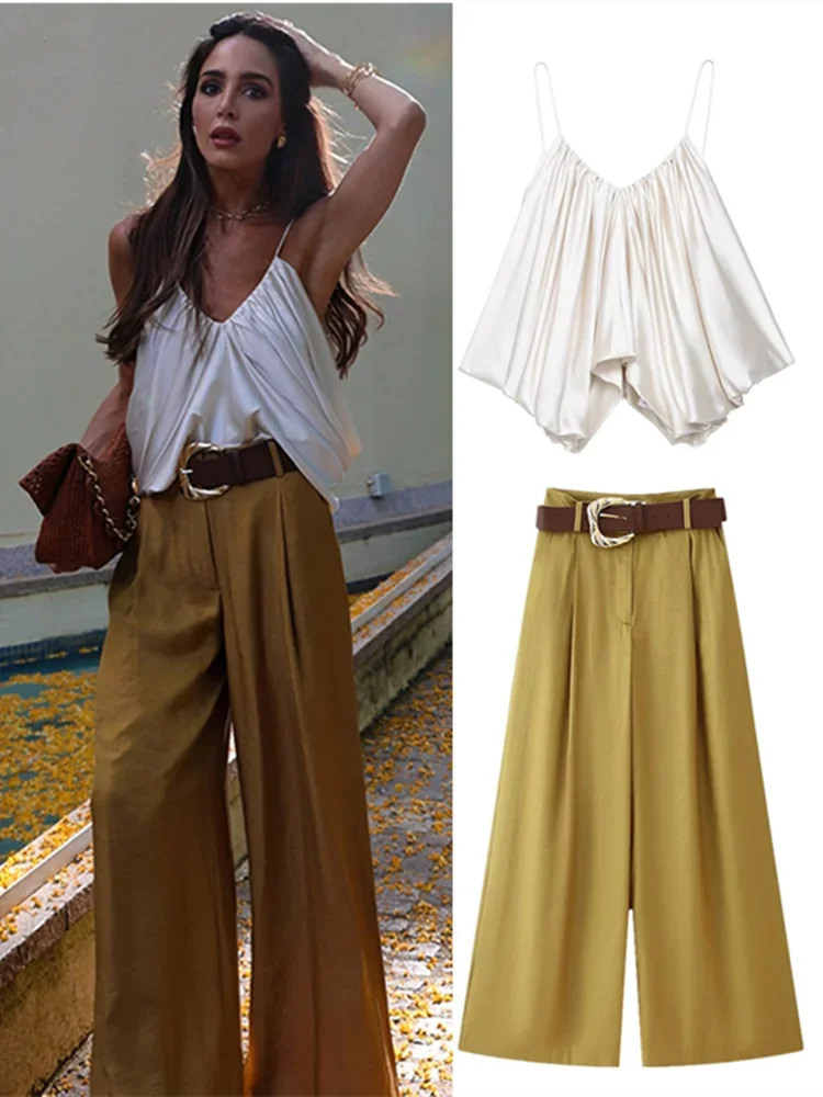 

Elegant Women Vest Pants Set Solid Sling V-neck Backless Tops Belt Zipper Wide Leg Long Trouser Lady Suit Summer Chic Streetwear