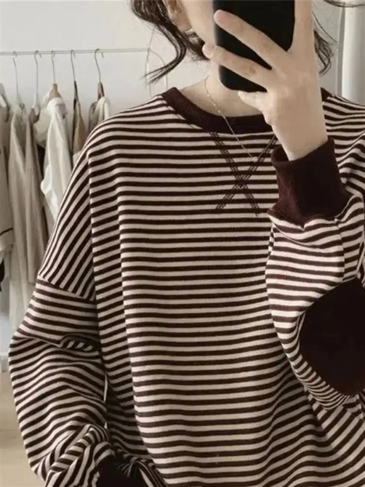 Loose Fit Ladies Hoodie Jaet plus Size Long Sve Striped Top Korean Sle Spring Autumn Wear Slimming Effect for Women