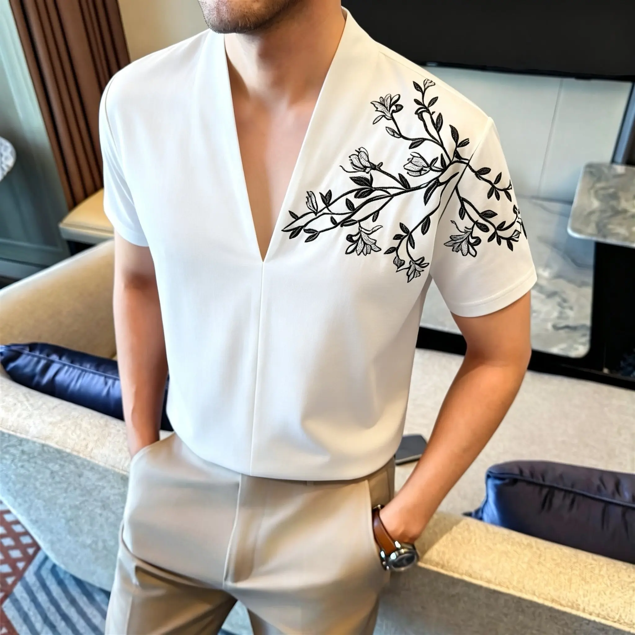 

Chineses Style Embroidered V Neck T-shirt 2026 Summer New Cotton Short Sleeved Casual Loose Ventilate T-shirts Men Clothing