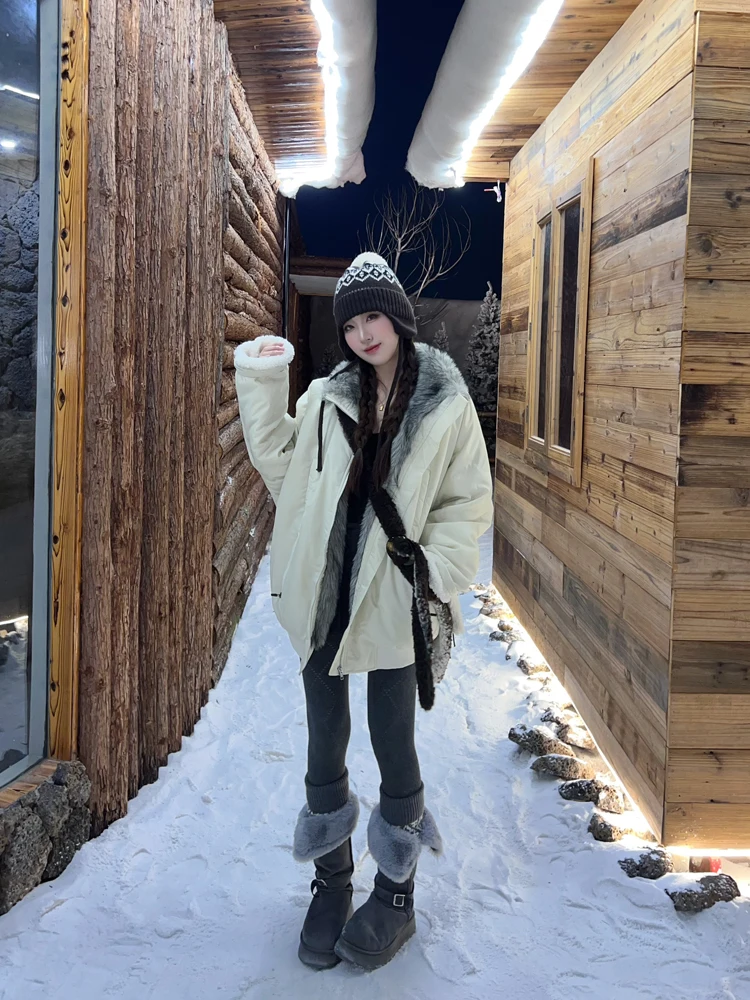 

Белая женская зимняя парка из хлопка и вельвета в американском ретро-стиле, свободного кроя, универсальная