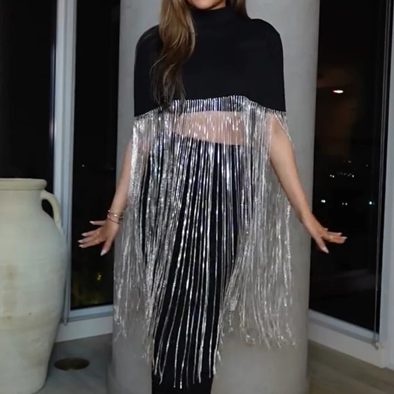 Women's Casual Shining Solid Color Loose Tee Fashion Stand Collar Cape Pullover Tops Elegant Tassels Splicing Club Party Blouse