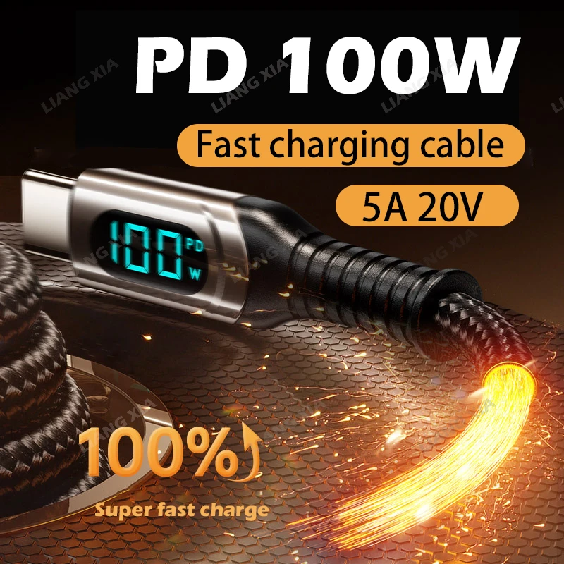 100W USB A Type C to USB C 5A 20V E-Marker Chip Digital Display Fast Charging Cable For Samsung S24  iPhone 15 Huawei Xiaomi 14