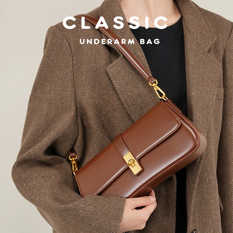 Genuine Leather Women\'s Shoulder Bag High Quality Vintage Baguette Bag Luxury Designer Women Crossbody Bags Cowhide Handbags