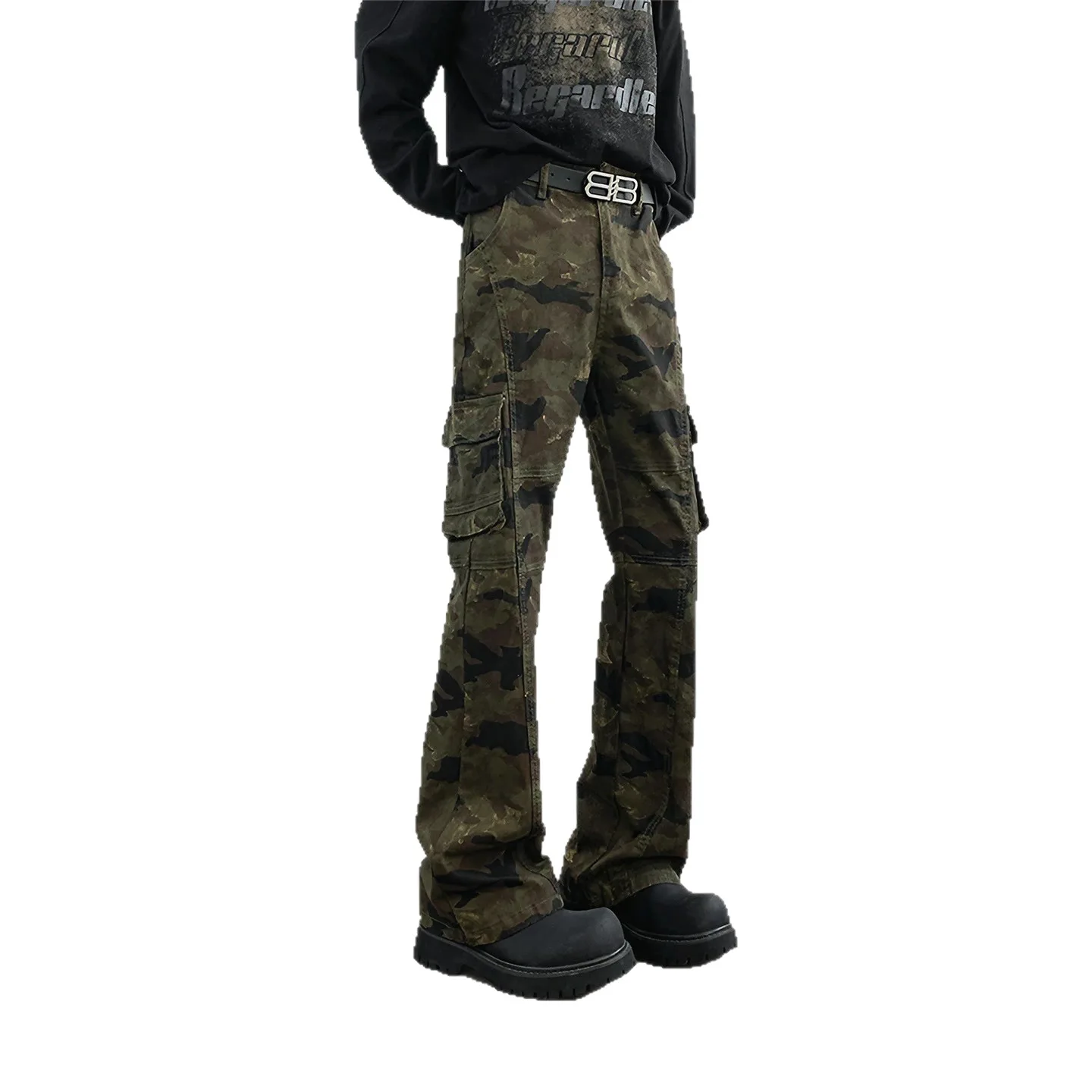 Summer Vintage Camo Multi-Pocket Cargo Jeans Men's Straight Slim Flare Denim Trousers