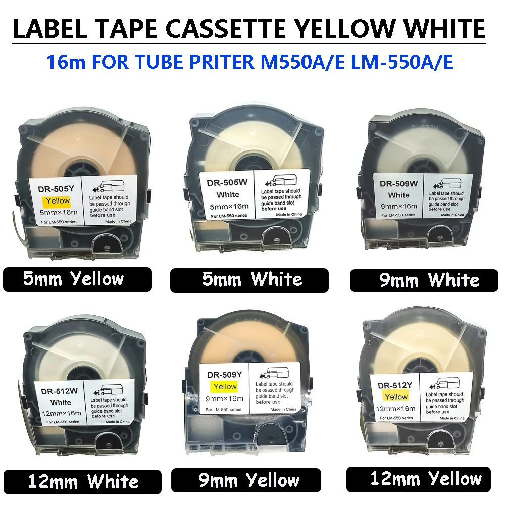 Tape Label Cassette DR-505W/Y DR-509W/Y DR-512W/Y 5 9 2mm×16m White Yellow Adhesive paper For M550A LM-550A/E Label typewriter