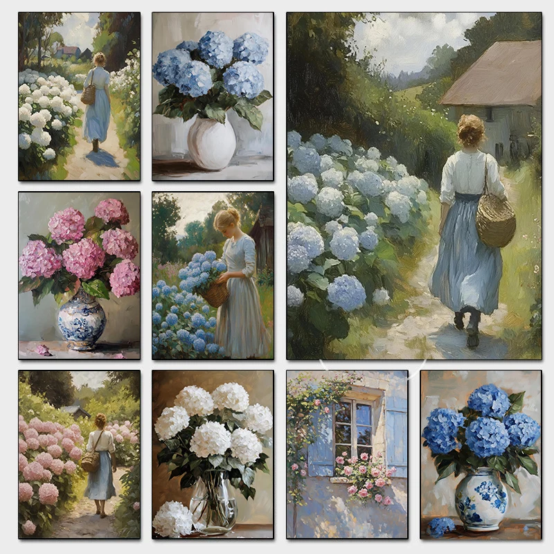 Romantic Vintage Floral Posters Hydrangea French Cottage Modern Prints Canvas Painting Wall Art Pictures Home Living Room Dec