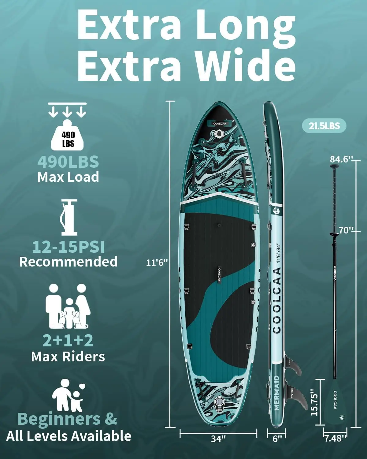 Extra Wide Inflatable Paddle Board, 490lbs Capacity Stable SUP for Family, Beginners & Dogs, Fishing Paddle Board with Premium