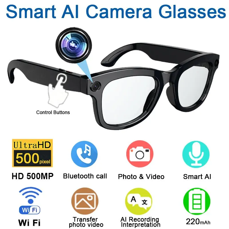 AI Smart Glasses 500W HD Camera Shooting Bluetooth Calling Intelligent Voice Assistant Control Music Smart Glasses For Men Women