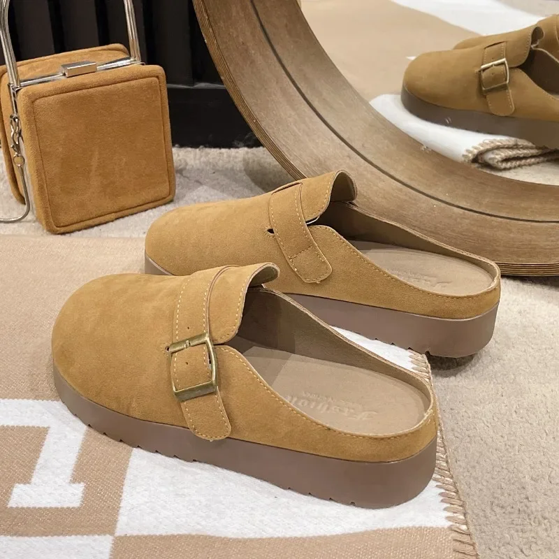 النساء الخريف والشتاء شقة الجلد المدبوغ عدم الانزلاق غطاء ارتداء بلون الرجعية نمط المنزل في الهواء الطلق عارضة المشي نصف النعال #6