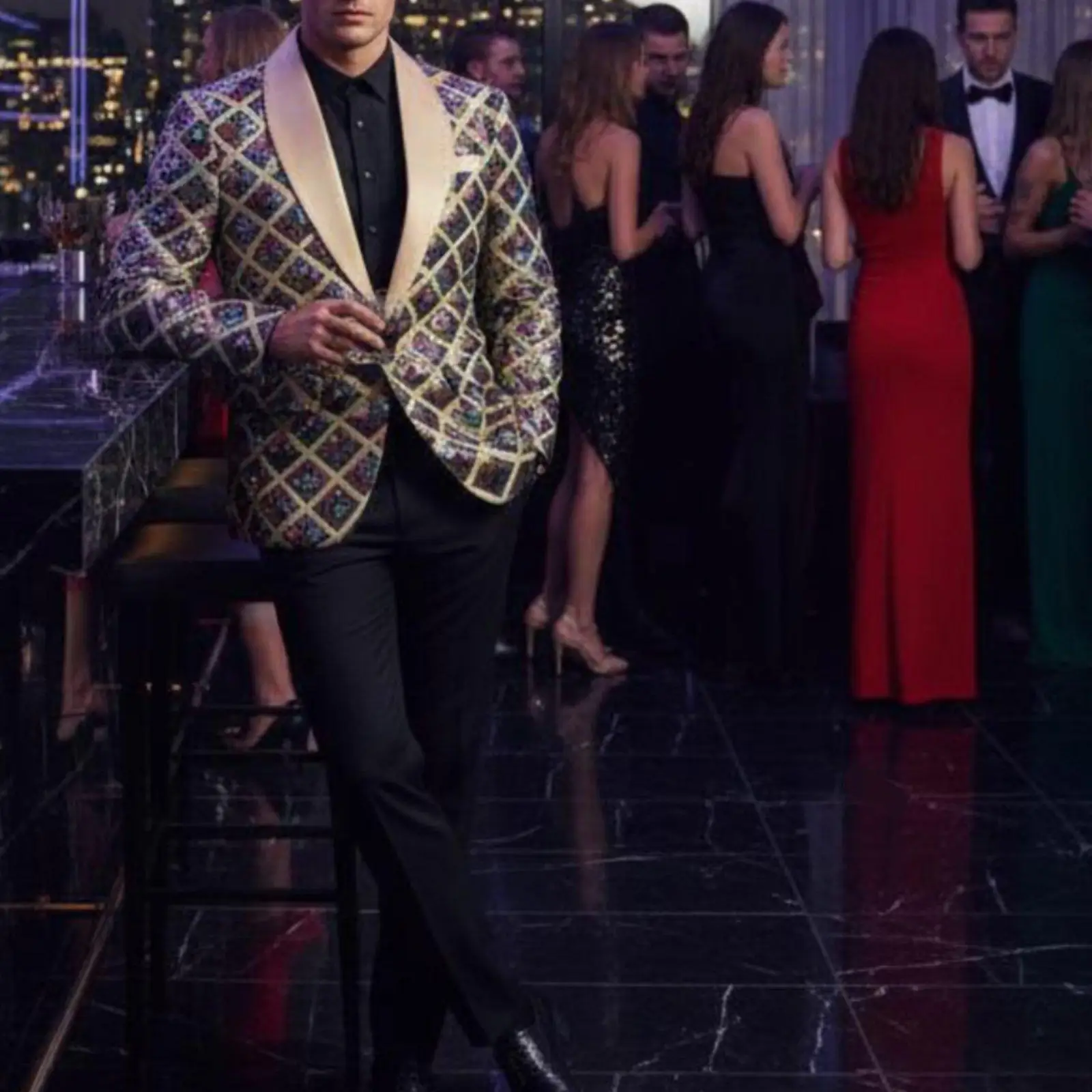 Men's Sequin Jacket Eye-Catching Design Sequin Jacket Focal Point Glittering Tuxedo Jacket for Entertainers, Dancers, Stage