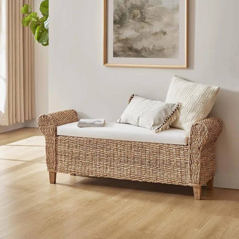 Rattan Storage Bench, Rattan Upholstered End of Bed Bench Ottoman Bench with Roll Arm & Solid Wood Legs, Linen Bench