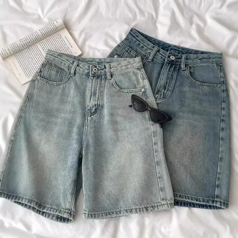Fashion Retro Distressed Jeans Summer New Women’s Style Distinctive and Versatile High-waisted Relaxed Wide-leg Cropped Pants